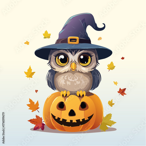 Cute owl wearing a witchs hat perched on a pumpkin.