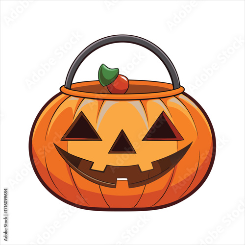 Classic jack o lantern candy bucket for halloween trick or treating flat vector illustration.