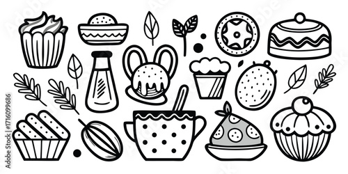 Whimsical hand drawn baking elements including cakes cupcakes and pastries