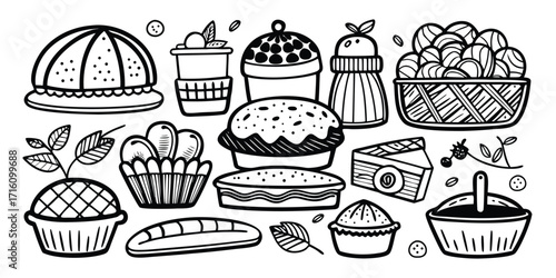 Hand drawn baking essentials collection delicious desserts and treats sketch art