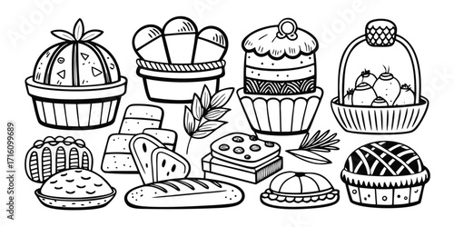 Delicious baking essentials collection hand drawn line art bakery pastry food