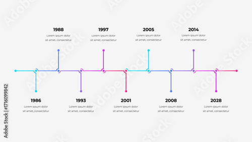Interconnected timeline shows milestones across four decades, with bright gradient lines and year markers. Ideal for illustrating progress, growth, and key events