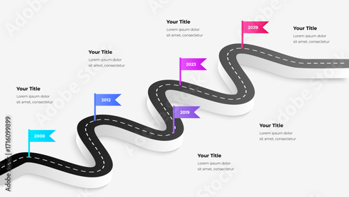 Road timeline infographic with colorful flags representing milestones over years. Perfect for business planning, scheduling, and progression visuals