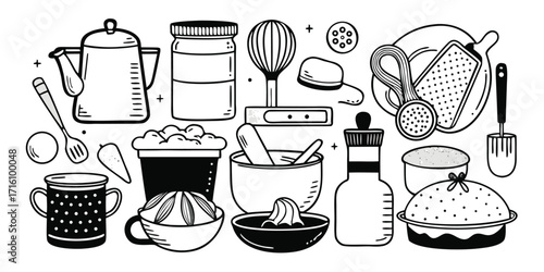 Kitchen essentials hand-drawn sketch of utensils and baking supplies for cooking enthusiasts