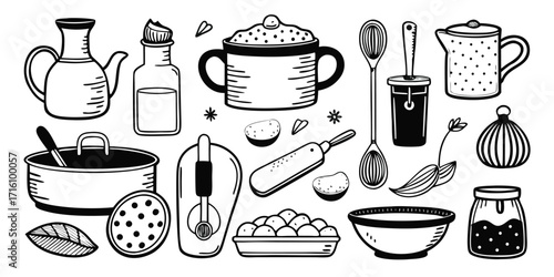 Collection of hand-drawn baking and cooking essentials with kitchen utensils and ingredients