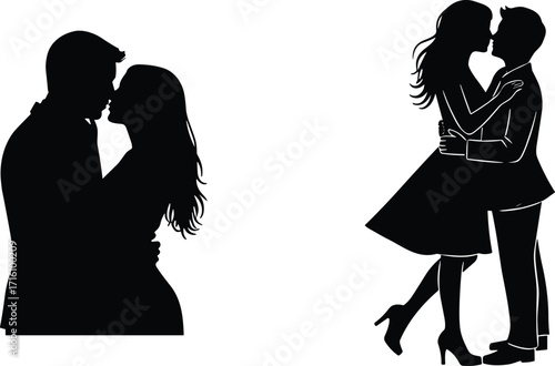 Couple silhouette, romantic pose, kissing lovers, love embrace, passion art, dating romance, intimacy, affection, relationship, togetherness, partnership, emotional bond