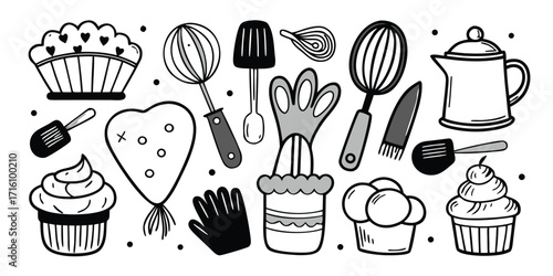 Essential baking tools and delicious treats hand-drawn style for your kitchen creations