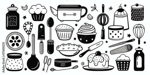 Whimsical baking essentials collection featuring desserts utensils and jars for home bakers