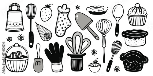 Collection of baking utensils and treats hand-drawn line art for culinary creations