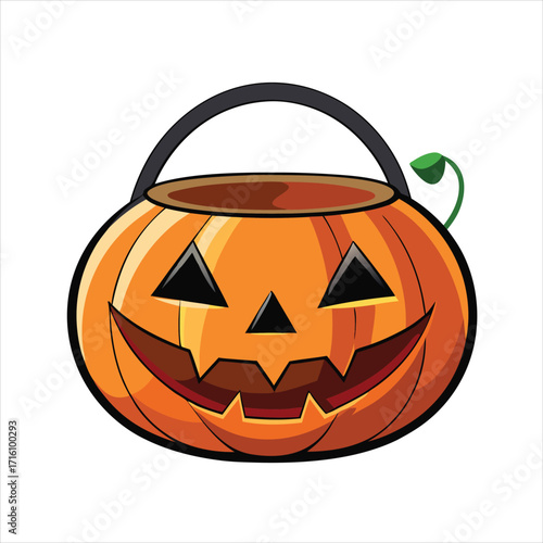 Classic jack o lantern candy bucket for halloween trick or treating flat vector illustration.