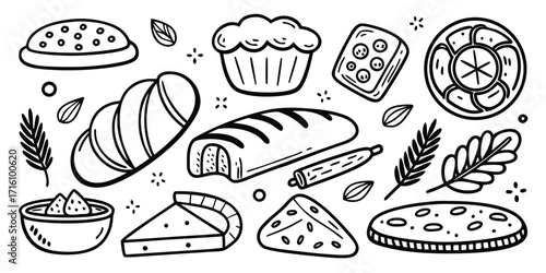 Doodle collection of delicious baked goods and pastries for baking enthusiasts