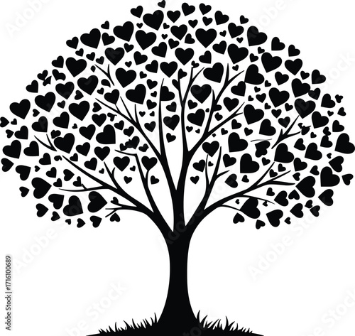 Heart leaf tree silhouette with thick trunk and grass base, love-themed vector illustration for nature design, emotional growth, graphic art