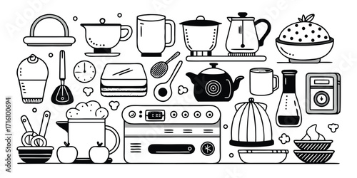 Diverse collection of kitchen utensils and appliances illustrated for baking and cooking enthusiasts