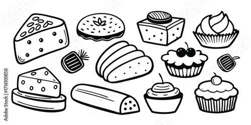 Delicious baked goods collection featuring cakes pastries and desserts in a sketchy style