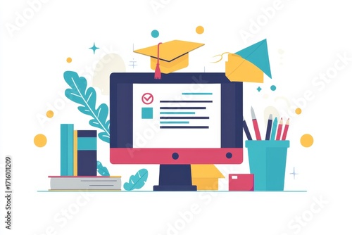 A desktop computer displays online learning materials accompanied by books a graduation cap and art supplies