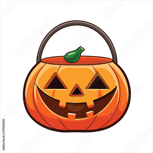 Classic jack o lantern candy bucket for halloween trick or treating flat vector illustration.