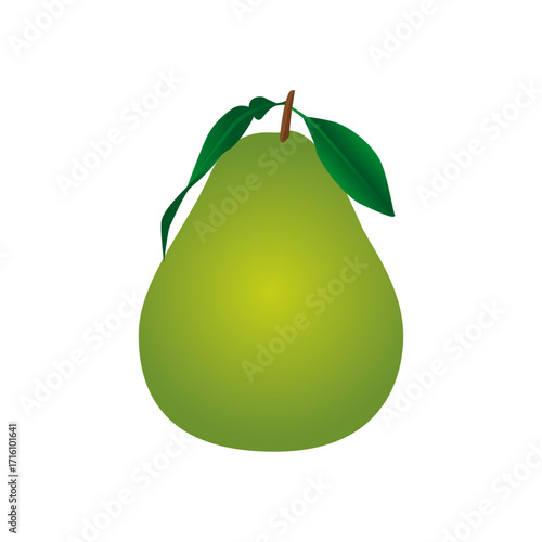 Green pear with stem and leaf on white background fruit