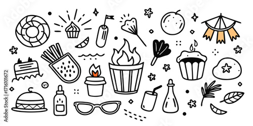 Whimsical summer beach party doodle collection fun food treats outdoor activities and sunshine vibes