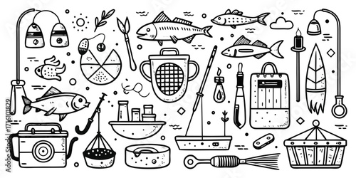 Whimsical hand drawn fishing and seaside elements collection fun sketch style