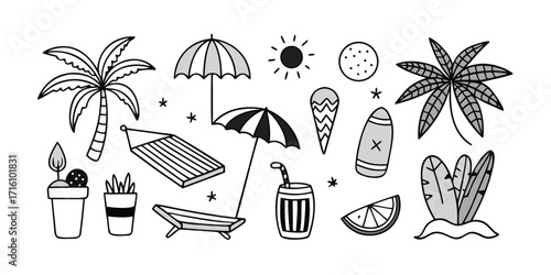 Whimsical hand drawn summer beach vacation elements set tropical palm trees and ice cream