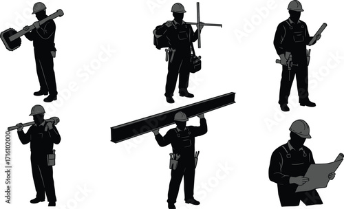 Silhouette of manual laborers and construction workers carrying tools, equipment, and materials for building and industry projects.