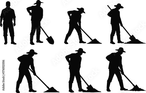Silhouette of manual laborers and construction workers carrying tools, equipment, and materials for building and industry projects.