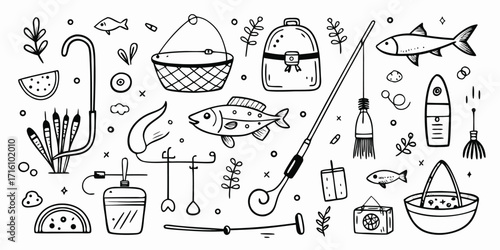 Whimsical sketch of fishing gear accessories and caught fish elements for summer fun