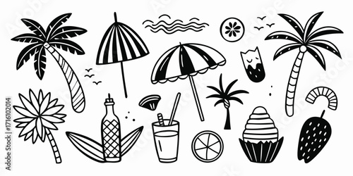 Whimsical hand-drawn summer beach elements tropical palm trees umbrellas and drinks set
