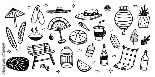 Doodle-style summer beach vacation icons including beach umbrella hats bench drinks and blanket
