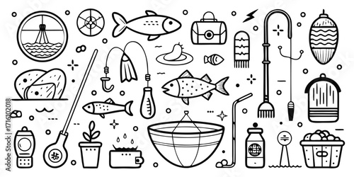 Fishing gear and supplies collection hand drawn line art elements for outdoor adventure