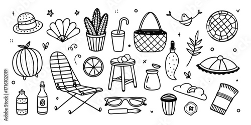 Whimsical hand drawn summer picnic elements and beach accessories collection