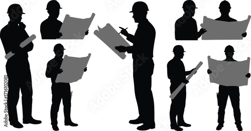 Silhouette of engineers and construction workers reviewing blueprints, plans, and drawings for building, architecture, and development projects.
