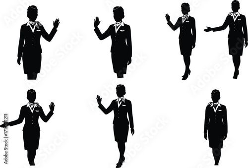 Silhouette collection of professional flight attendants in various poses, including welcoming gestures and in-flight service.