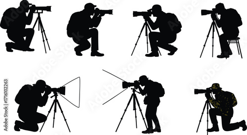 Silhouette of professional photographers capturing images, using tripod stands, studio lighting, and various camera equipment.