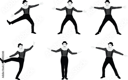 Mime silhouette, mime performance, mime artist, pantomime act, stage entertainment, silent comedy, expressive gesture, clown art, theatrical mime, performance art, mime costume, classic mime, 