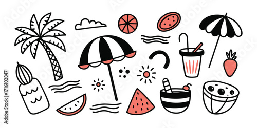 Whimsical summer beach icons palm tree watermelon umbrella drink and sun fun doodles