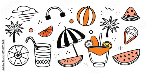 Whimsical summer beach party doodle collection tropical fruits drinks beach ball and palm trees