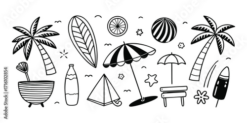 Hand-drawn summer beach elements palm trees surfboard umbrella sun and tropical vibes