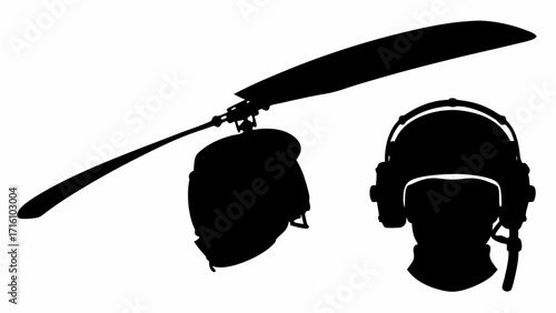 Silhouette illustration of two pilot helmets one with attached rotor blade against a white background plain
