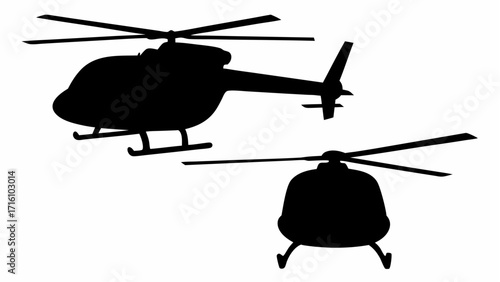 Two helicopter silhouettes with rotor blades and landing skids depicted in a simple black and white image