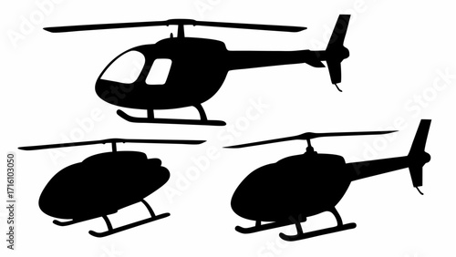 Three black helicopter silhouettes with rotors and landing skids against a white background image scene
