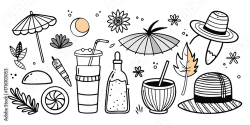 Summer beach vibes doodle art with hats drinks umbrellas and palm leaves fun tropical set