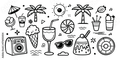 Summer beach vacation icons tropical vibes palm trees ice cream drinks sunglasses and music nostalgia