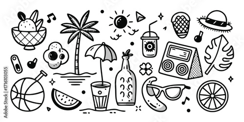Whimsical summer beach party icons - a collection of fun beach party elements
