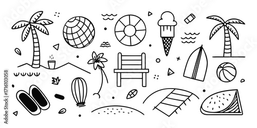 Whimsical hand-drawn summer beach icons collage perfect for vacation vibes