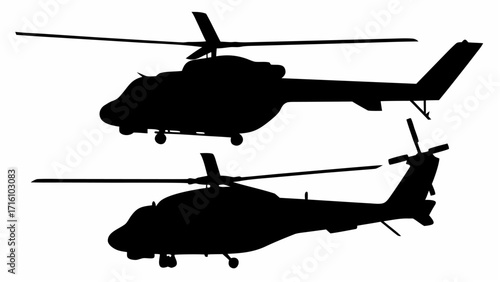 Two helicopter silhouettes positioned one above the other against a plain white background view from side