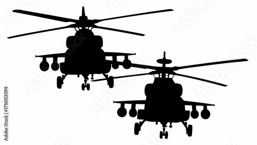 Two helicopter silhouettes depicted in flight with visible rotor blades and landing gear shown clearly