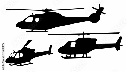 Silhouette illustration of three helicopters in various positions on a white background design element