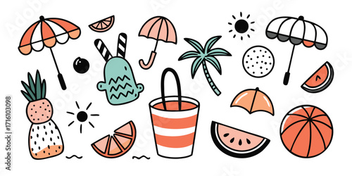 Whimsical hand-drawn summer beach icons featuring umbrellas palm trees and fruit