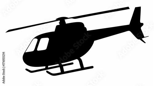 Silhouette illustration of a helicopter with visible rotor blades and landing skids on a white backdrop